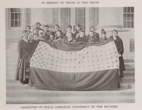 TCU Brushes Club with star flag honoring Horned Frogs serving in World War I